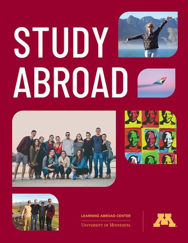Collage of photos against a maroon background for the 2024–25 Study Abroad viewbook cover