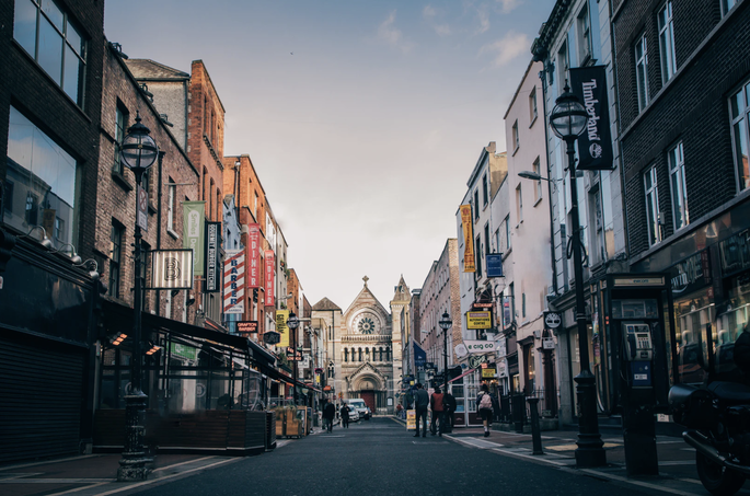 church and shops on Dublin streets