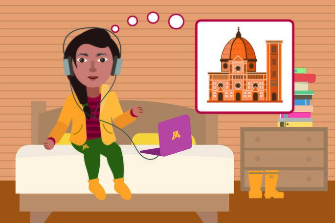 illustrated image of a student sitting on a bed imagining a landmark in Florence