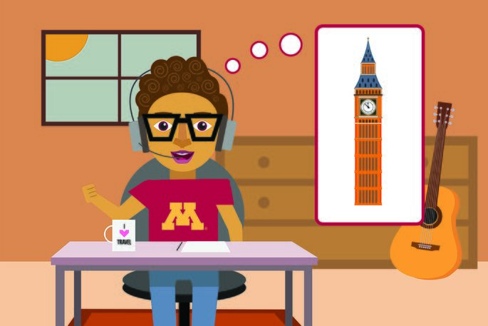 illustrated image of a student at a desk imagining a landmark in London