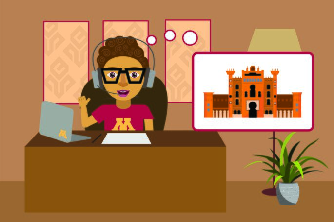 illustrated image of a student at a desk imagining a landmark in Madrid