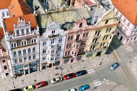 view looking down at buildings in Prague