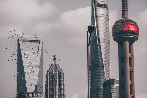 close up of skyscrapers in China