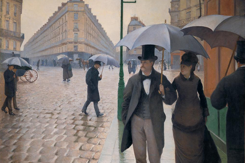 "Paris Street; Rainy Day," by Gustave Caillebotte. An oil painting depicts late 1870s Paris in the rain, with a cobblestone road on the left, pedestrians walking with umbrellas in the background, and a man and woman sharing an umbrella on the right